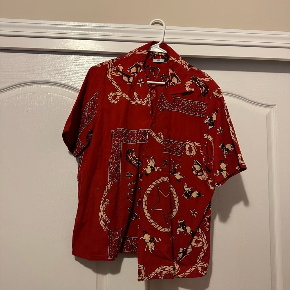 BODE Stagecoach Bandana Print Short Sleeve Cotton Button-Up Shirt SZ L/XL